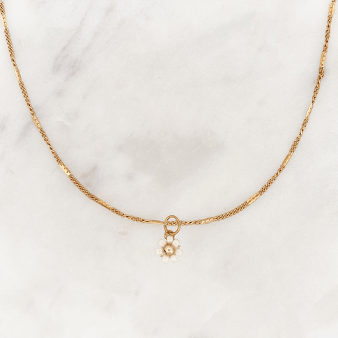 Signet Necklace Beige Beads Flower - ByNouck Jewelry