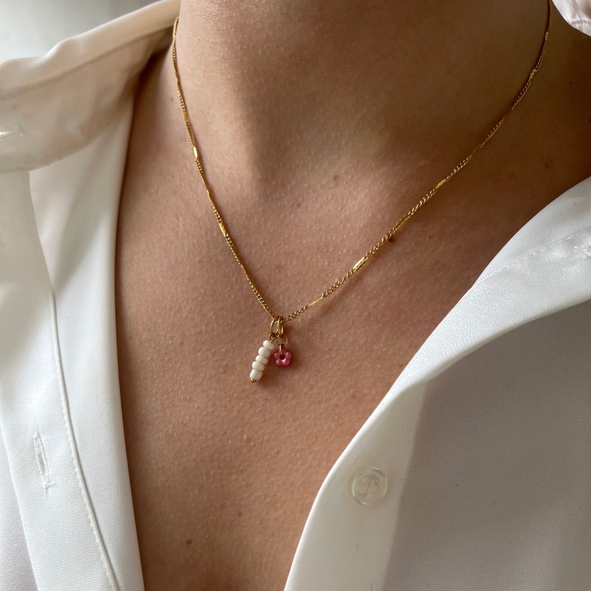 Signet Necklace Little Coral Pink Flower - ByNouck Jewelry